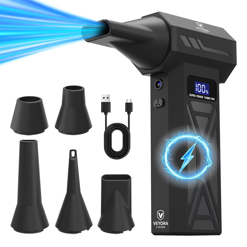 VEYORA Living rechargeable air duster with its nozzles and charging cable