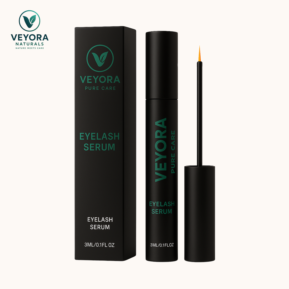 VEYORA Naturals eyelash serum, its carton, and its fine applicator