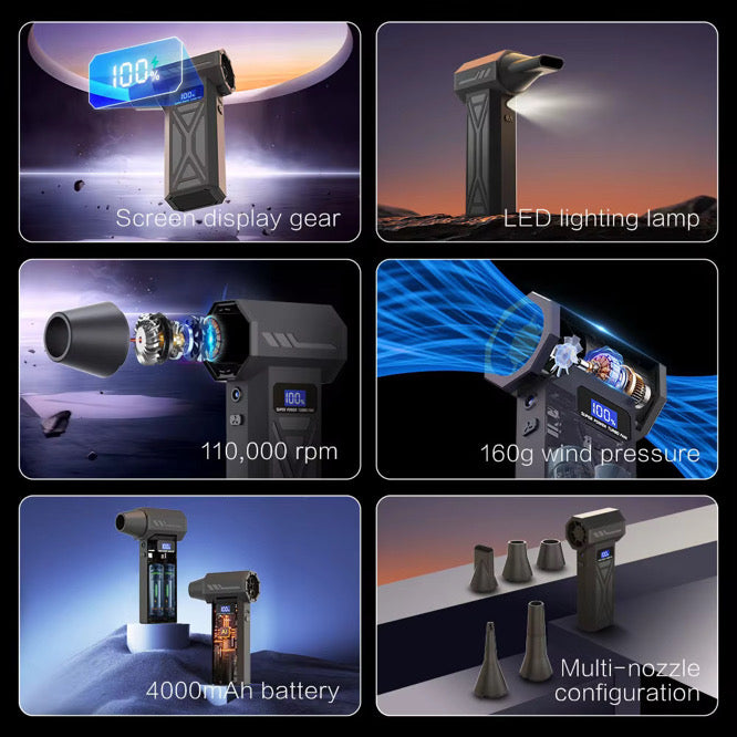 A complete overview of the VEYORA Living air duster’s display, light, motor, battery, and nozzles